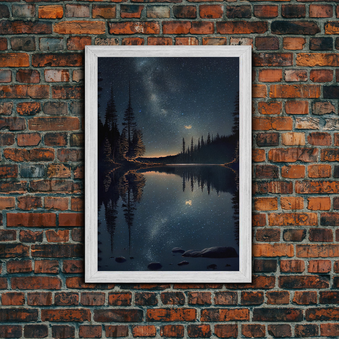 Reflections of a starry night sky over the lake, lakehouse art, beautiful framed canvas print