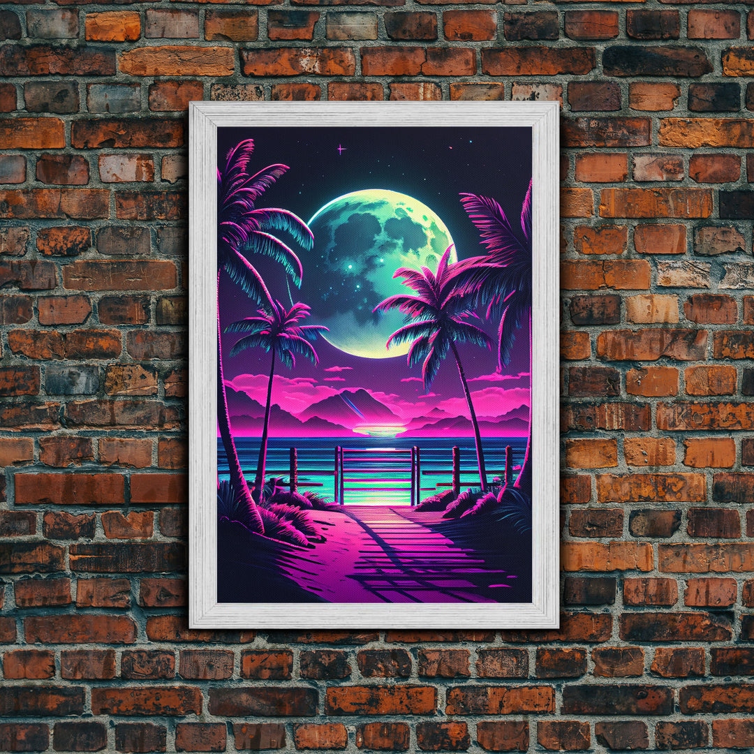 Full Moon over a Florida Beach, Palm Trees, Outrun Style Beach Landscape art, framed canvas Print