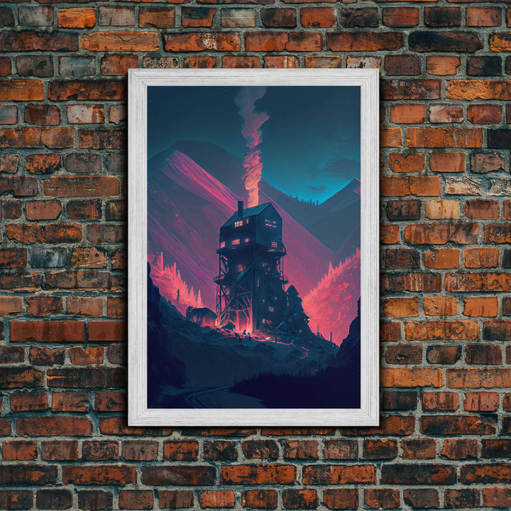 Fire-Watch, Watch Tower art, vaporwave aesthetic wall art, framed canvas print