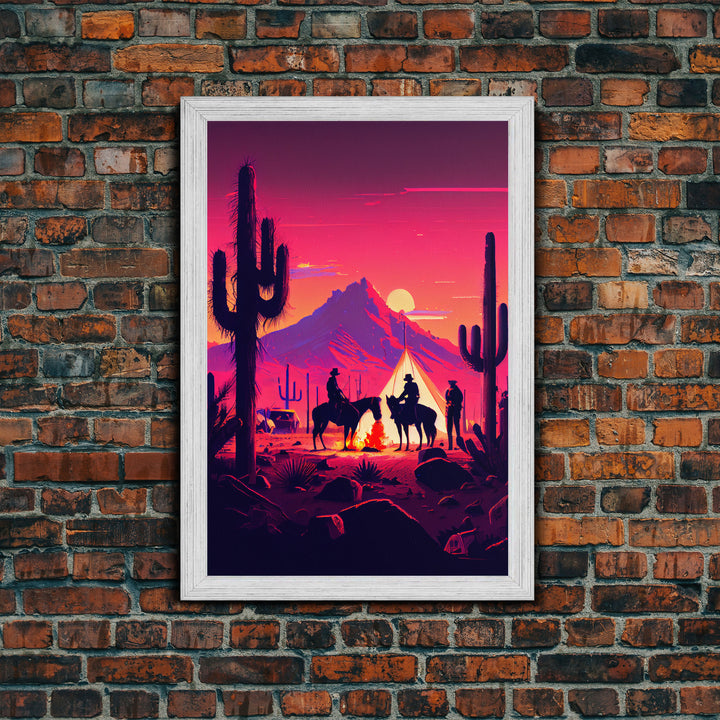 Wild West Outlaw decor, camping in the Arizona desert, Cactus art, framed canvas print