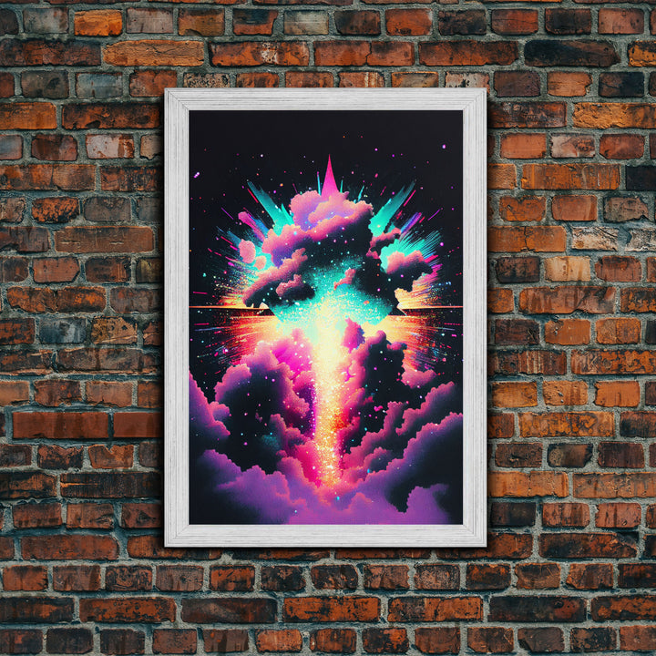 Color Pop Explosion, Vintage style art, framed canvas print, vaporwave aesthetic cloud art