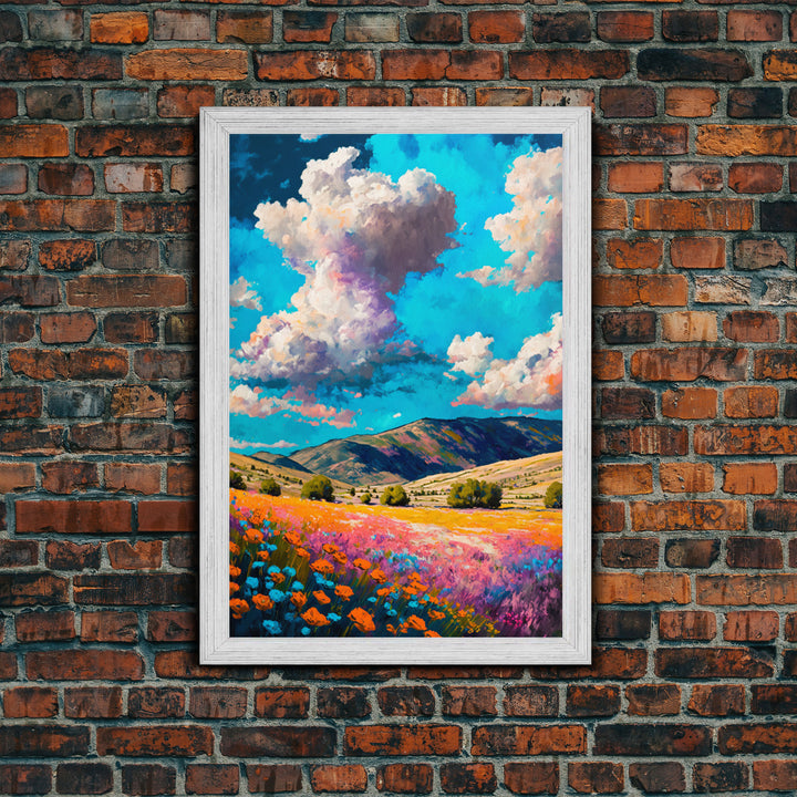 Watercolor Cloudy Day, Fields of Flowers, Framed Canvas Print, Colorful Wall Art, Minimalist Boho Style Wall Art