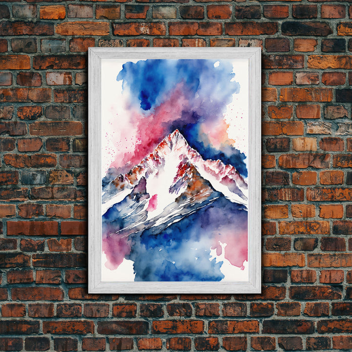 Red, White and Blue Mountain Landscape Watercolor, Framed Canvas Print, Colorful Unique Wall Art