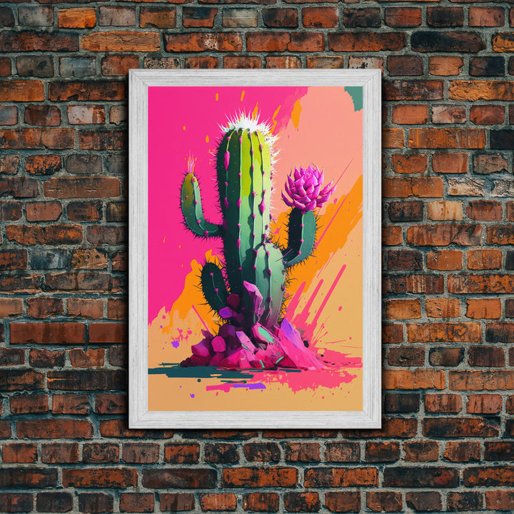 Pop Art Mexico Cactus Art, Synthwave Pink Art, Framed Canvas Print, Southwest Saguaro Cactus Succulent Art, Western Decor