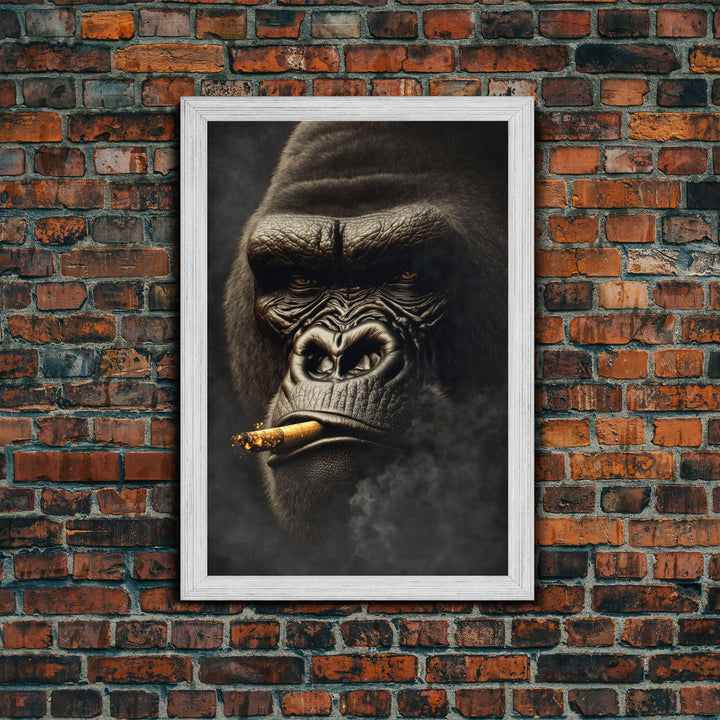 Smoking Gorilla canvas framed wall art, Gorilla Smoking print, Animal Print, Monkey Canvas print, Wall Decor