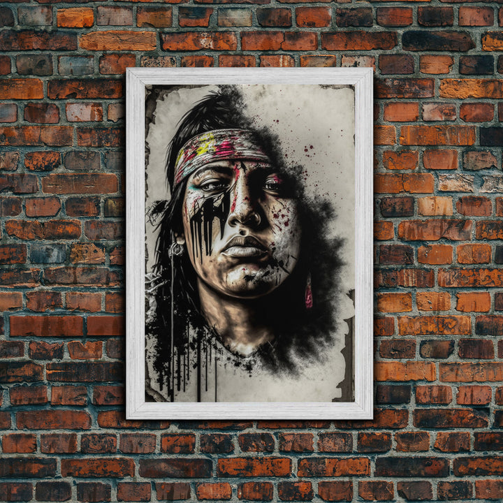 Brutal Graffiti Art, Native American Warriors Portrait, Framed Canvas Print