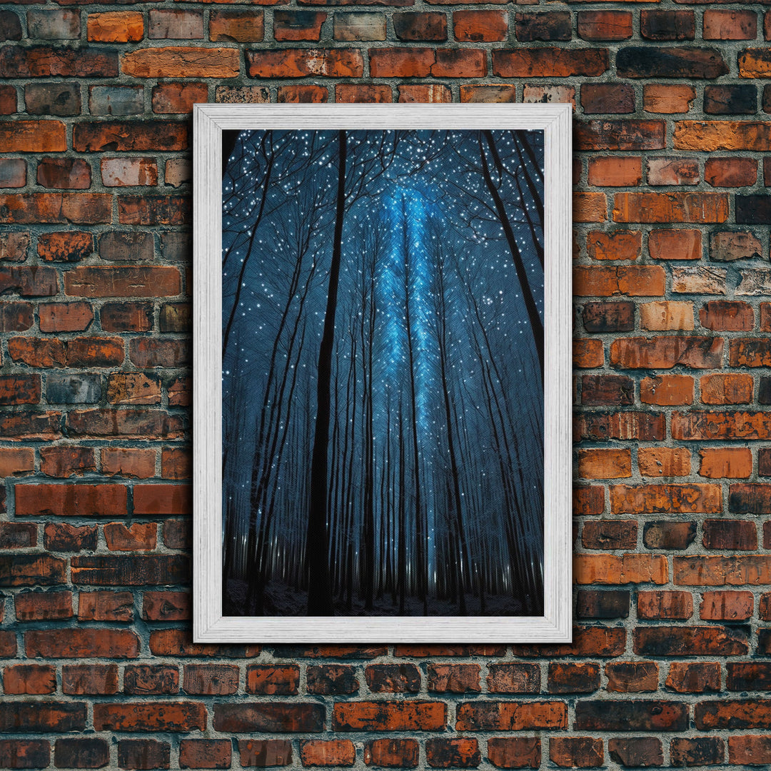 Birch Tree Forest At Night, Starry Night Sky, Framed Canvas Print, Boho Minimalist Farmhouse Decor, Primitive Art