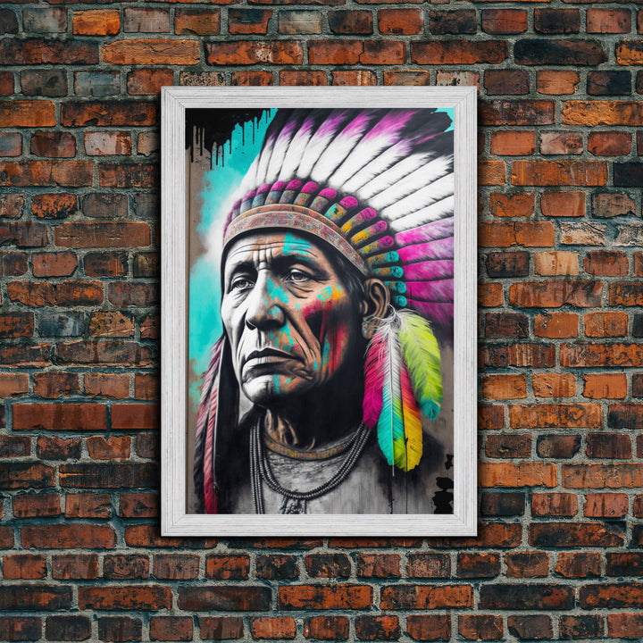The Warrior, Native American Chief, Graffiti Art Portrait, Framed Canvas Print, Rainbow Feather Mohawk, Pop Art Portrait