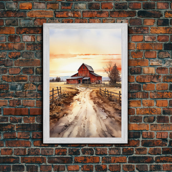 Sunset Over A Red Barn, Watercolor Painting Canvas Print, Country Poster Art,  Framed Canvas, Country Roads, Rustic Farmhouse Decor