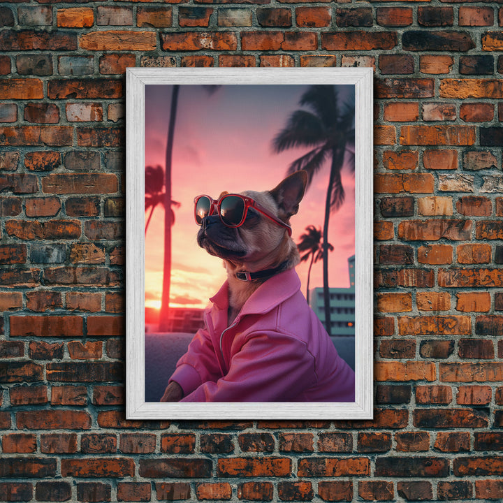 Pug Wall Print, Dog Wall Art, Dog Sunglasses, Dog In Pink Jacket, Funny Art, Framed Wall Art, Framed Canvas, Wall Print, Wall Canvas