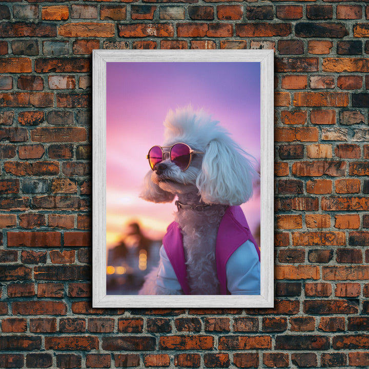 Poodle Wall Print, Dog Wall Art, Dog Sunglasses, Dog In Pink White Suit, Funny Art, Framed Wall Art, Framed Canvas, Wall Print, Wall Canvas