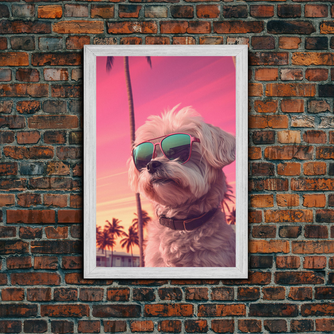 Shih Tzu Wall Print, Dog Wall Art, Dog Sunglasses, Palm Trees, Sunset, Funny Art, Framed Wall Art, Framed Canvas, Wall Print, Wall Canvas
