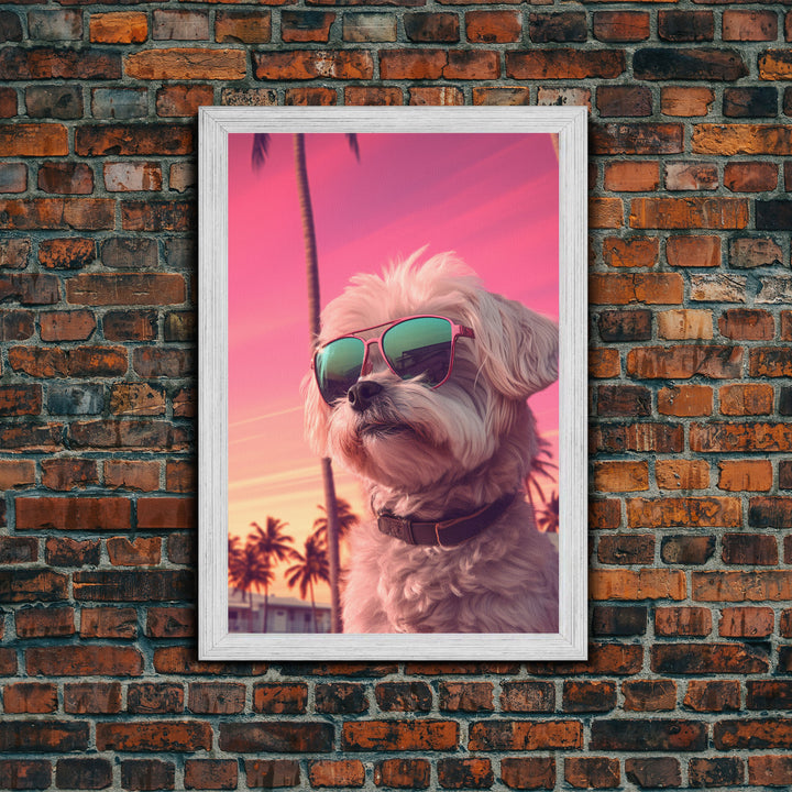 Shih Tzu Wall Print, Dog Wall Art, Dog Sunglasses, Palm Trees, Sunset, Funny Art, Framed Wall Art, Framed Canvas, Wall Print, Wall Canvas