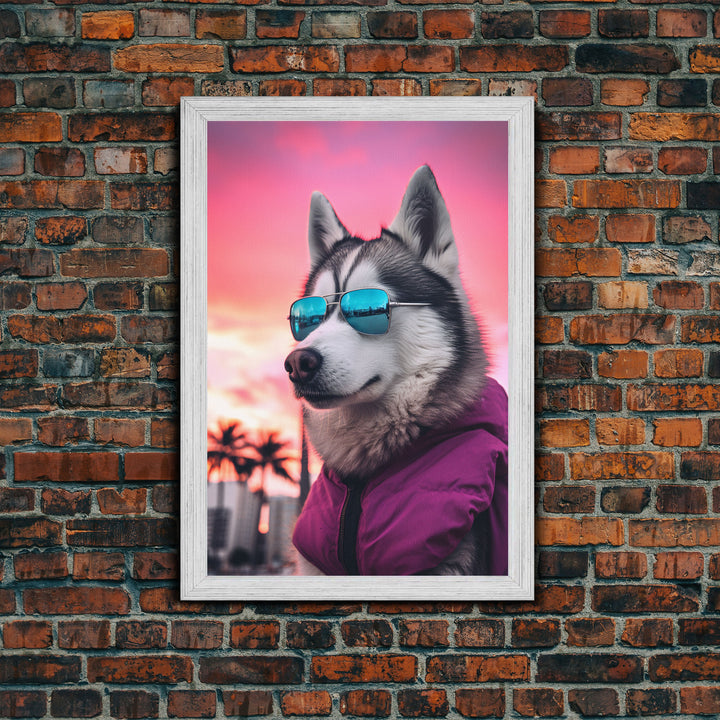 Siberian Husky In Pink Jacket Sunglasses Wall Print, Dog Art Print, Dog Portrait, Framed Wall Art, Framed Canvas, Wall Print, Wall Canvas