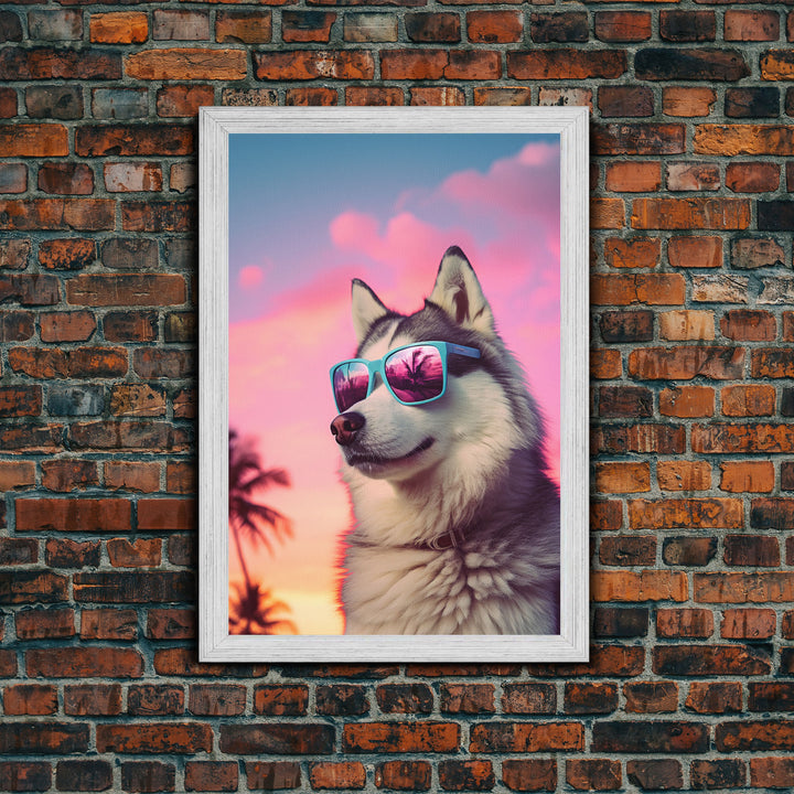 Siberian Husky In Pink Sunglasses Wall Print, Dog Art Print, Dog Portrait, Framed Wall Art, Framed Canvas, Wall Print, Wall Canvas