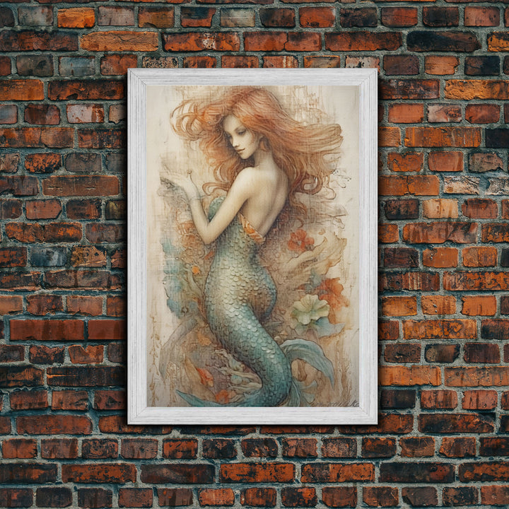 Fancy Mermaid Wall Art, 24" x 36" Canvas Print, French Style Poster Wall Art, Vintage Wall Hanging, Coastal Bathroom Decor