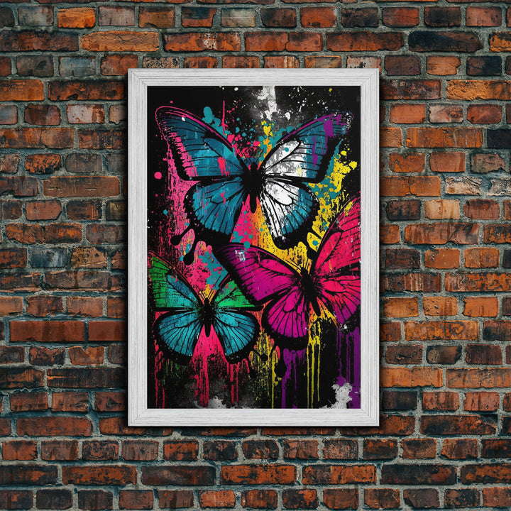 Graffiti Butterfly Art, Framed Canvas Print, Large Wall Art, Contemporary Punk Art, Butterflies, Pop Art, Paint Splatter Art