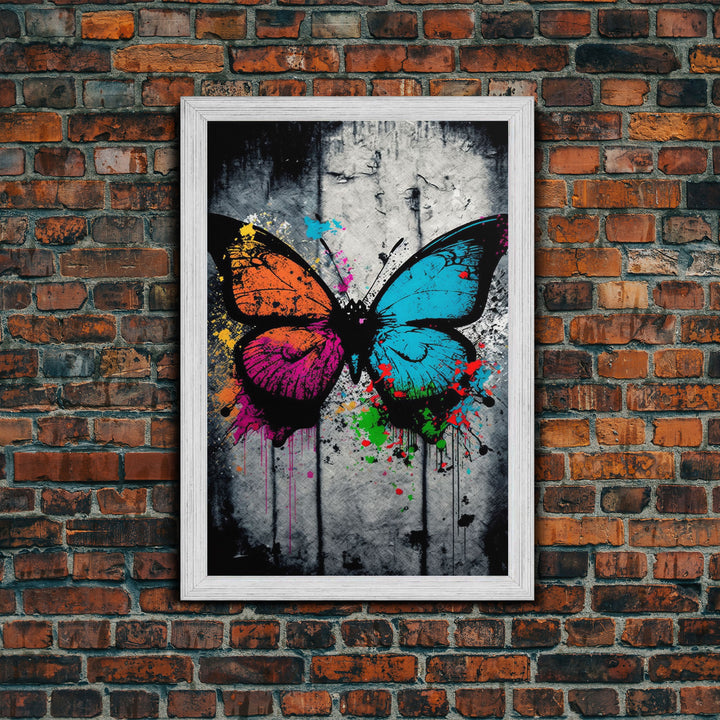 Graffiti Butterfly Art, Framed Canvas Print, Large Wall Art, Contemporary Punk Art, Butterflies, Pop Art, Paint Splatter Art