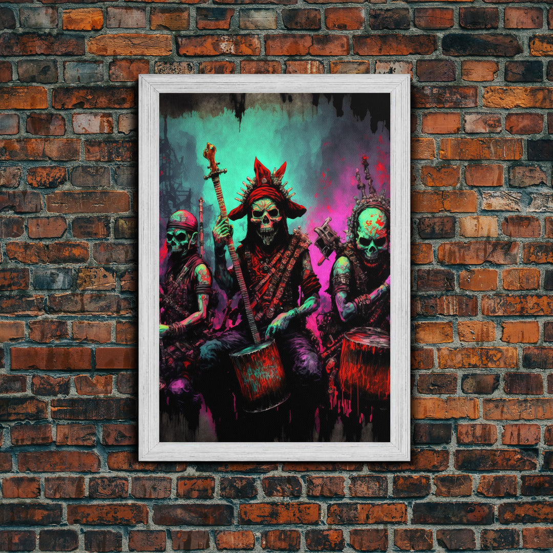 Death Metal Skeletons, Medieval Heavy Metal Undead Band Art, Framed Canvas Print, Unique Office Large Wall Art, Mancave Art