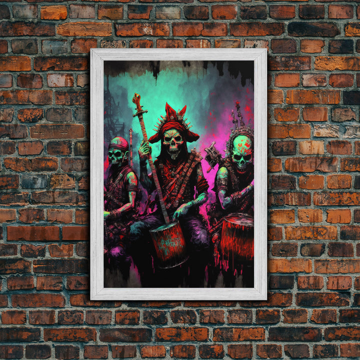 Death Metal Skeletons, Medieval Heavy Metal Undead Band Art, Framed Canvas Print, Unique Office Large Wall Art, Mancave Art