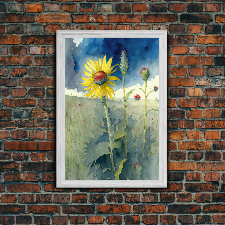 Watercolor Painting Print of a Sunflower and Wildflowers, Framed Canvas Art, Framed Print, Living Room Wall Decor