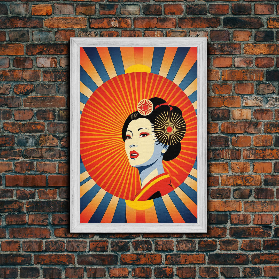 Portrait of a Geisha, Pop Art Style, Art Deco Sunburst, Framed Canvas Print