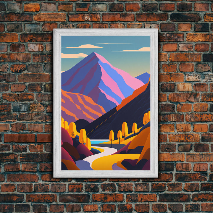 Retro Style Purple Mountain Landscape, Framed Canvas Print, MCM Style Art, Framed Wall Art, Wall Decor, Living Room / Guest Room Art