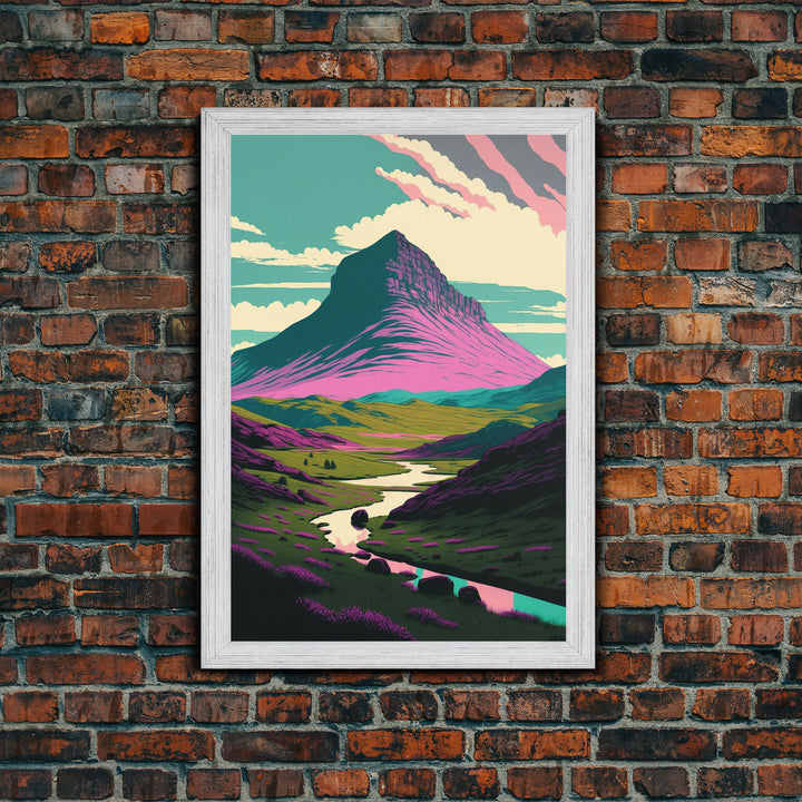 Retro Style Purple Mountain Landscape, Framed Canvas Print, MCM Style Art, Framed Wall Art, Wall Decor, Living Room / Guest Room Art