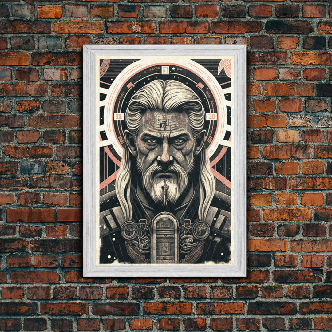 Grunge / Cyberpunk Odin, Norse Mythology, Wall Art, Framed Canvas Print, Futuristic Portrait of Odin