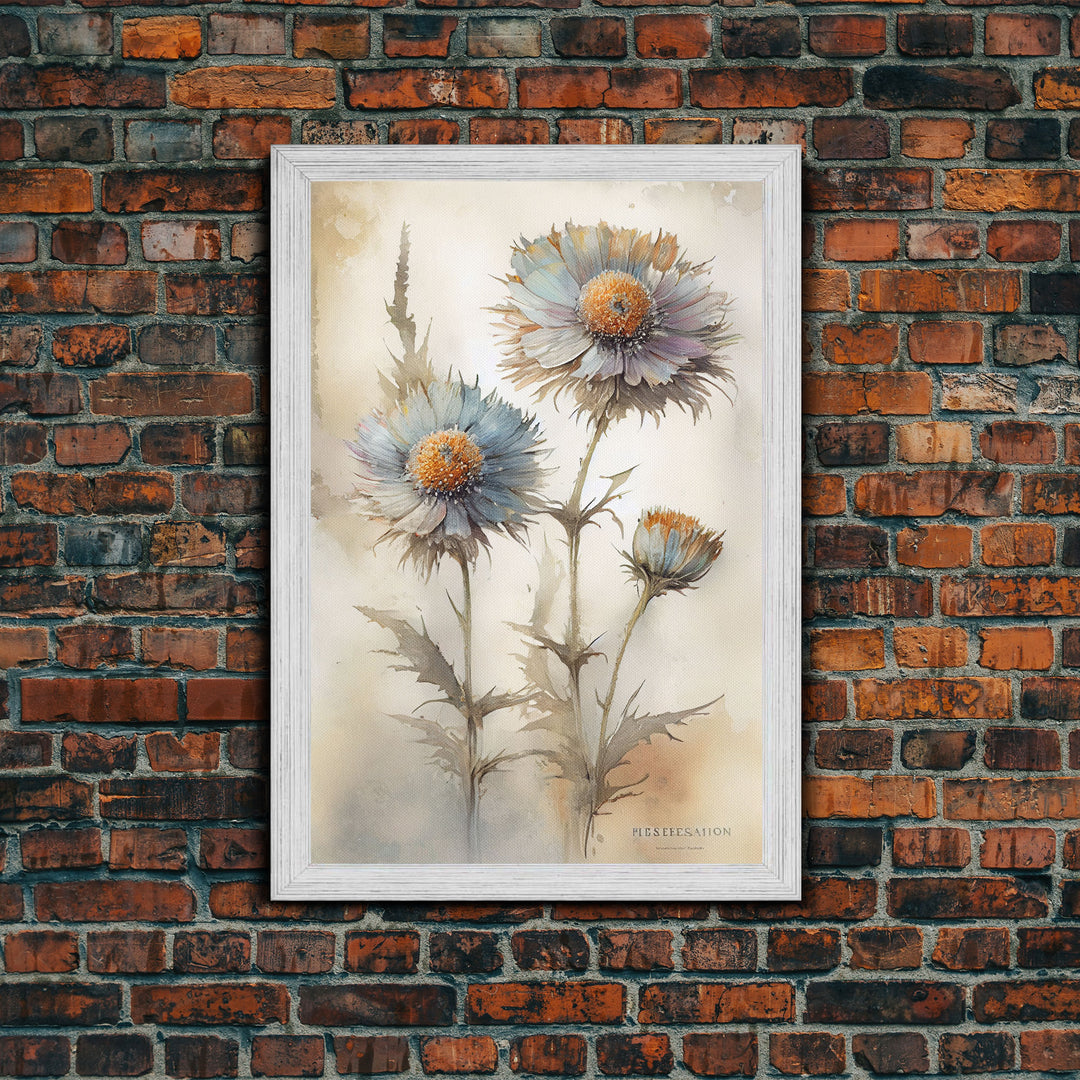 Vintage Style Dandelion Framed Canvas Art, Vintage Floral Print, Vintage White Roses Painting, Still Life Botanical Farmhouse print, Flowers