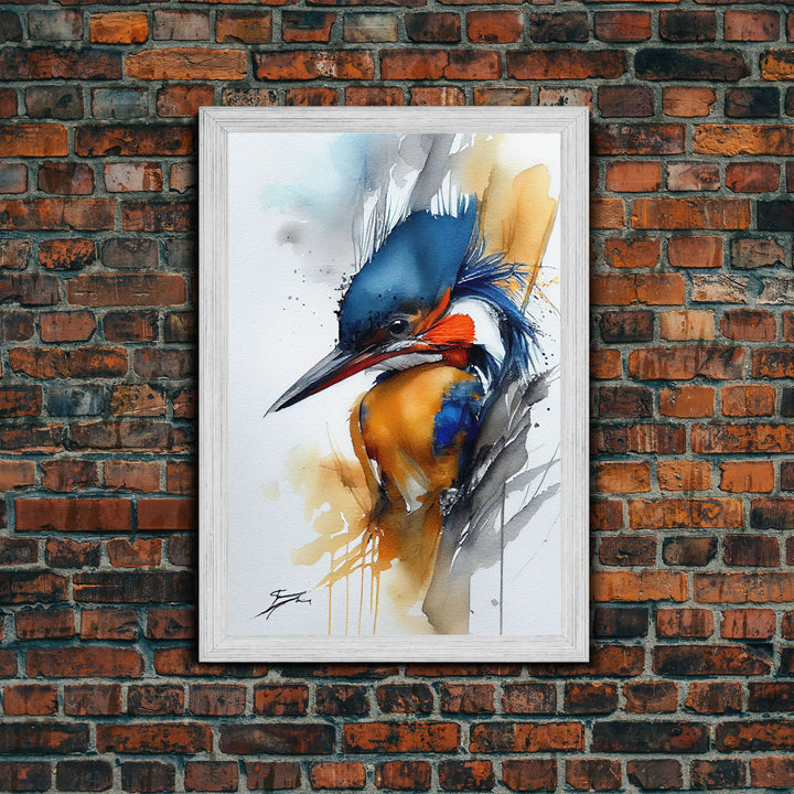 Watercolor of a Kingfisher, Framed Canvas Print, Bird Painting, Bird Watcher Art, Blue and Orange Kingfisher Watercolor Painting