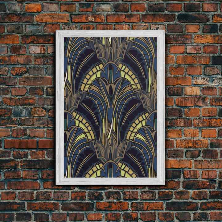 Midcentury Modern Wall art - Framed Canvas Print - Art Deco - Blue colors - Stained glass art - Patterns art - Mosaic art - Living room art