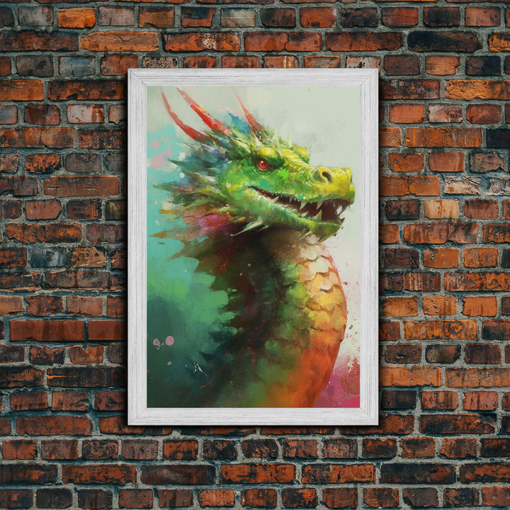 Framed Dragon Print, Watercolor Painting Of A Beautiful Dragon, Canvas Print, Canvas Art, Fantasy Decor