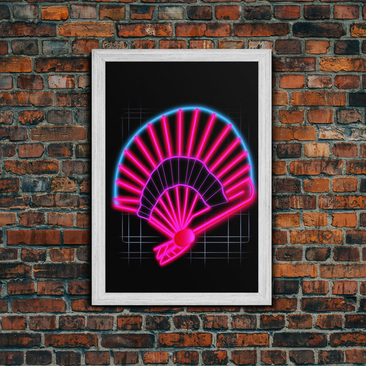 Neon Lights Folding Fan Wall Art, Line Art Print, Pink, Glowing Art, Minimalist Print, Wall Decor, Canvas Print, Wall Art, Framed Canvas