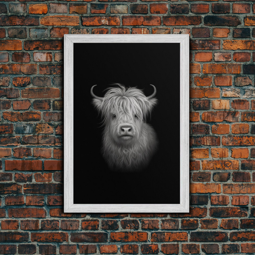 Highland Cow Art Print, Black And White, Animal Wall Decor, Minimalist Art, Wall Decor, Canvas Art, Wall Art, Framed Canvas Wall Decor