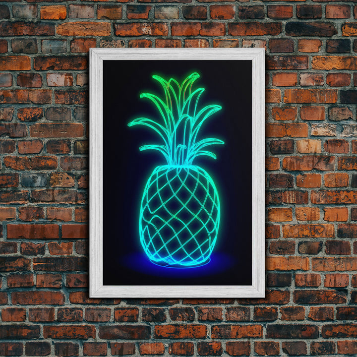 Green Neon Lights Pineapple Wall Decor, Fruit Art, Kitchen Wall Art, Minimalist Print, Wall Decor, Canvas Print, Wall Art, Framed Canvas