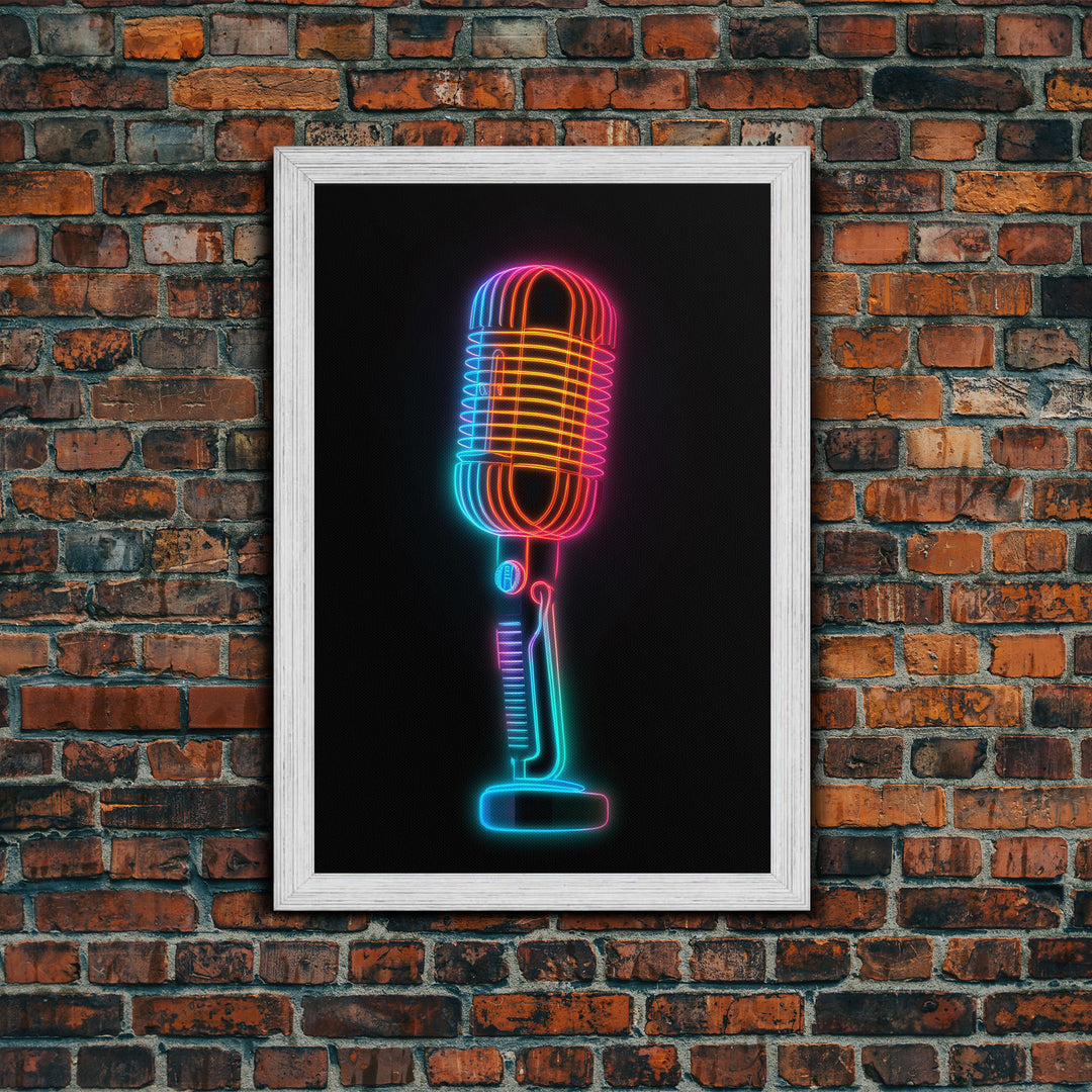 Neon Lights Retro Microphone Wall Art, Vibrant Art, Music Room Wall Art, Minimalist Print, Wall Decor, Canvas Print, Wall Art, Framed Canvas
