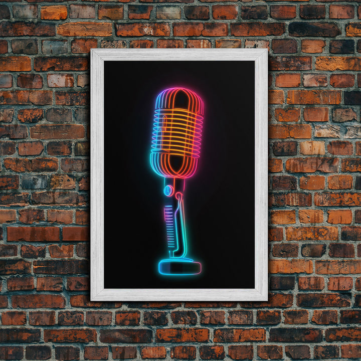 Neon Lights Retro Microphone Wall Art, Vibrant Art, Music Room Wall Art, Minimalist Print, Wall Decor, Canvas Print, Wall Art, Framed Canvas
