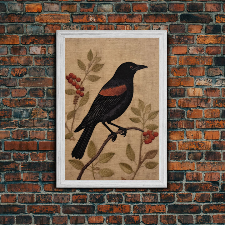 Raven Print, Antique Bird Painting Print, Vintage Drawing Framed Canvas Print Wall Art, Black Raven, bird nature print, bird lovers gift