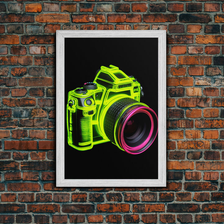 Neon Green Camera Wall Art, Neon Wall Decor, Photography Art,  Minimalist Print, Wall Decor, Canvas Print, Wall Art, Framed Canvas