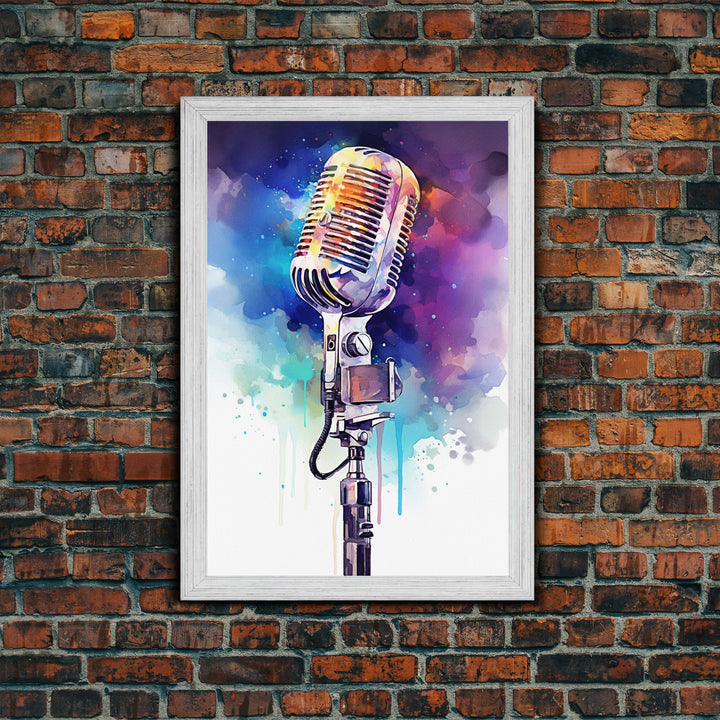 Neon Graffiti Splatter Paint Microphone Art, Vintage Microphone Painting Framed Canvas Print, Studio Wall Art, Music Studio Decor