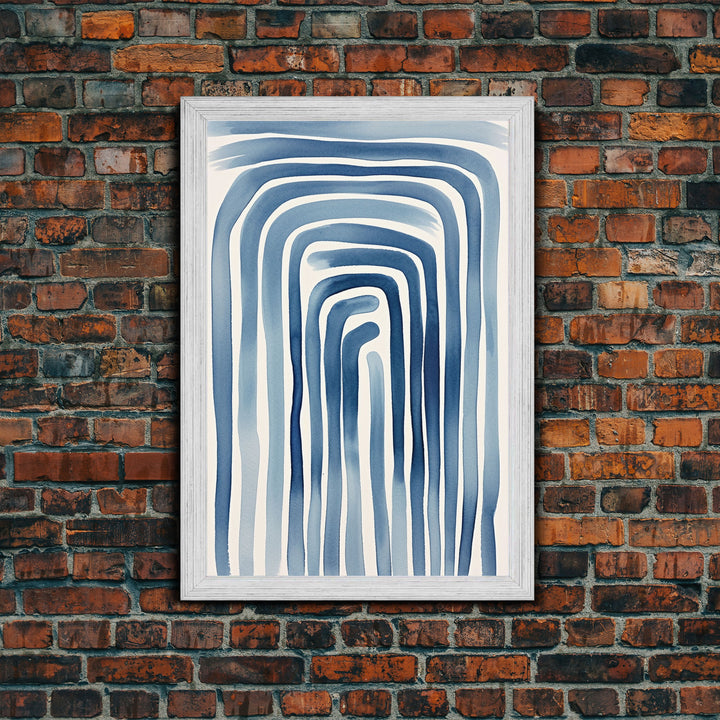 Framed Canvas Print Watercolor Blue Geometric Pastel Lines, Minimalist Abstract Room Decor, Mid-Century Modern Art Print, Retro Art
