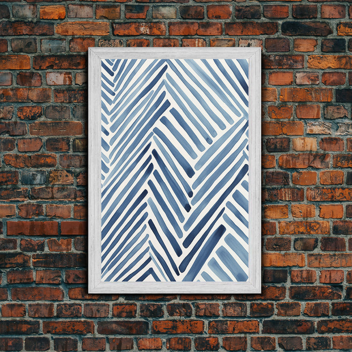 Framed Canvas Print Watercolor Blue Geometric Pastel Lines, Minimalist Abstract Room Decor, Mid-Century Modern Art Print, Retro Art