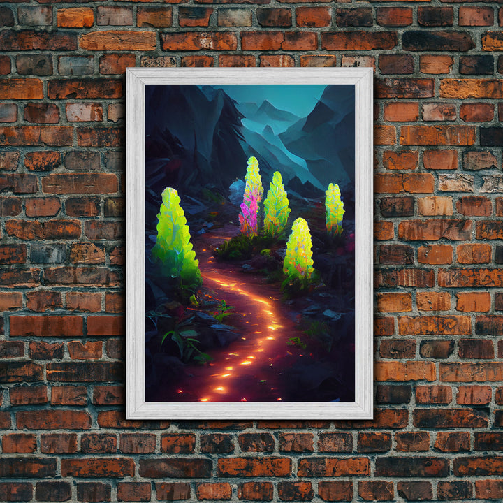 Magical forest canvas print, glowing mushroom art, fantasy forest wall art, gloomy dark home decor, luminescent forest trail wall art