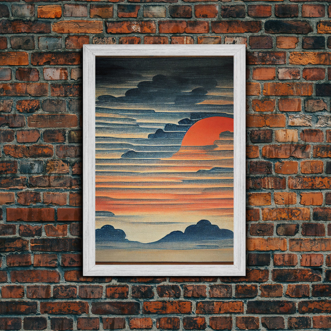 Japanese style wall art, sunrise over the mountains, canvas print, woodblock print style art, Hokusai style wall art