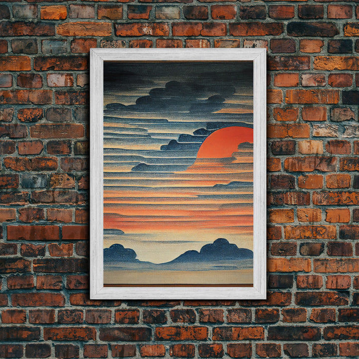 Japanese style wall art, sunrise over the mountains, canvas print, woodblock print style art, Hokusai style wall art
