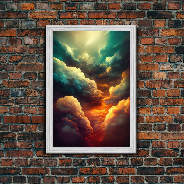 Watercolor painting canvas print of a thunder storm, gloomy wall art, golden hour, cool rain storm wall art, stormy skies