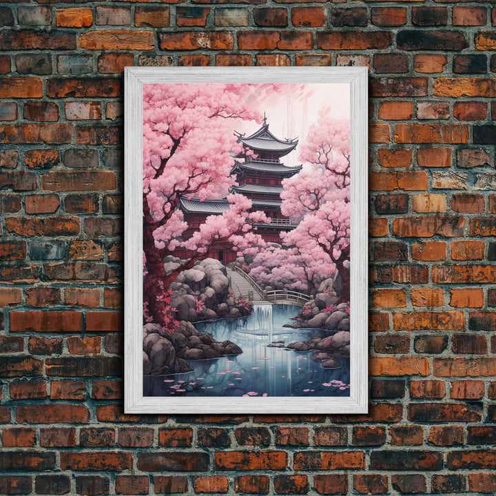 Pagoda Wall Art, Japanese Wall Art, Asian Art, Cherry Blossom Tree, Canvas Print, Wall Art, Vertical Art, Engagement Gift, Prints Wall Art