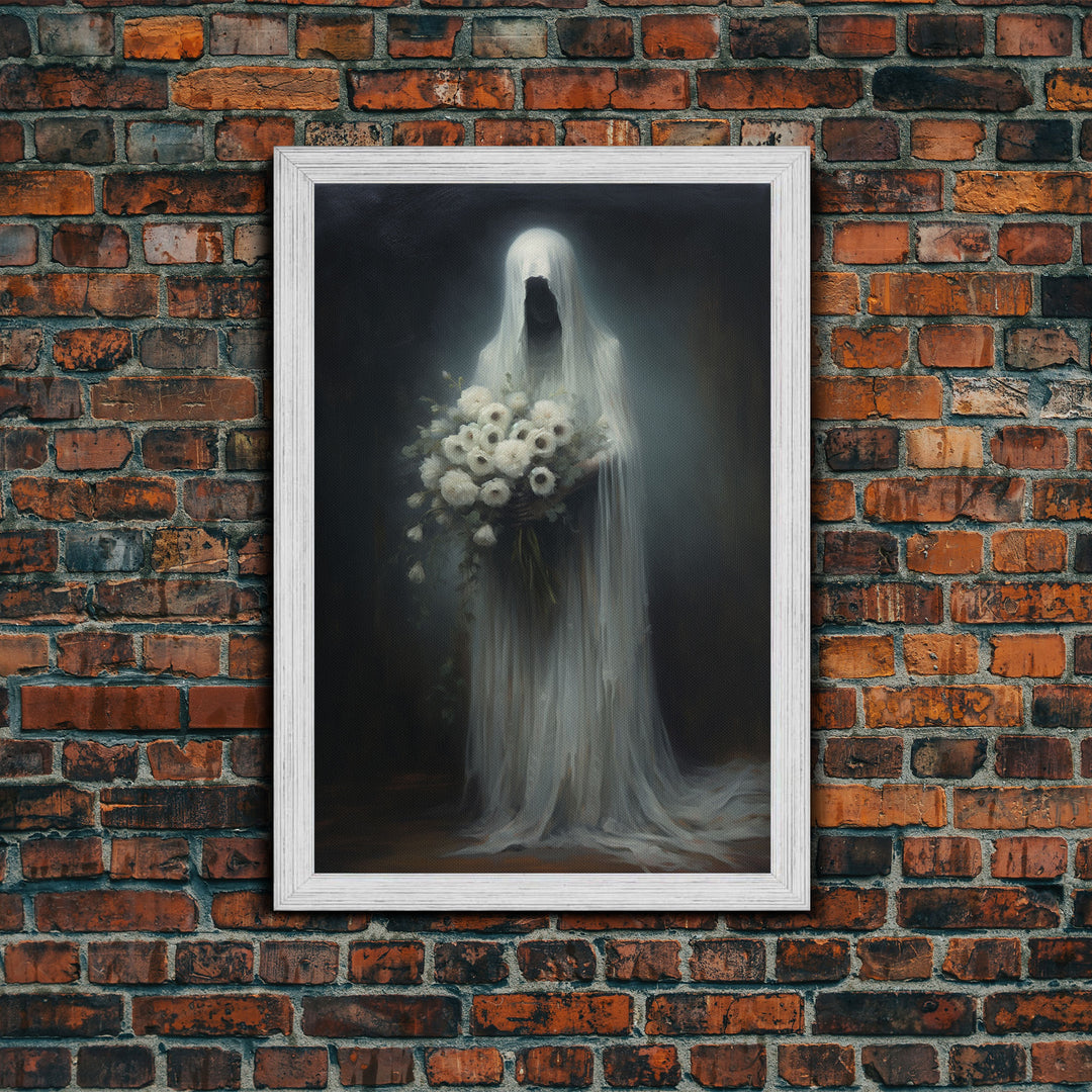 The Ghost With The Flowers, Halloween Canvas Print, Framed Canvas, Unique Wall Art, Goth Art, Dark Academia, Witch Art, Witchcraft