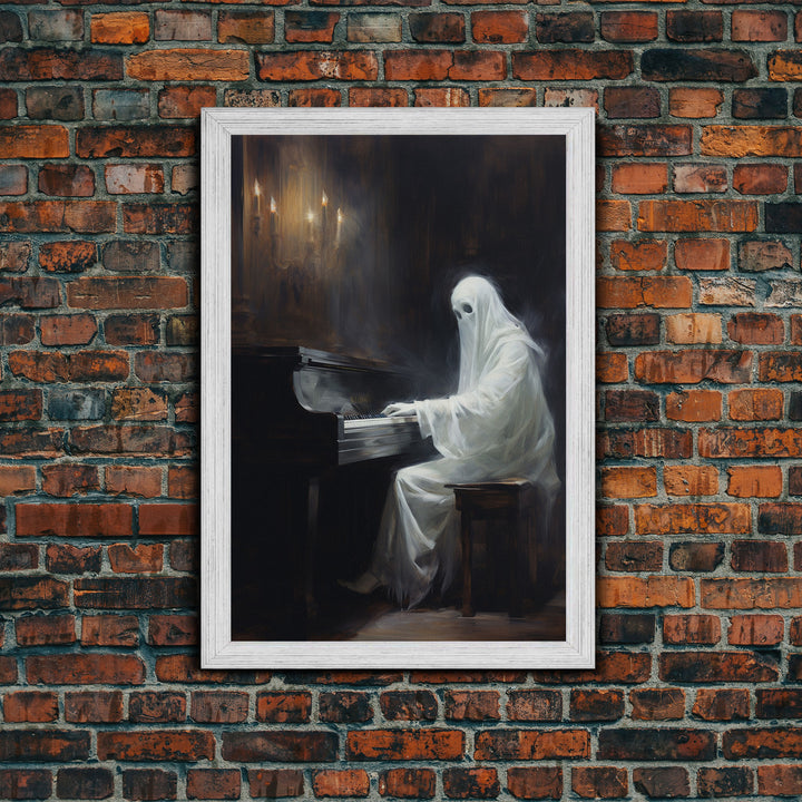 Spooky White Ghost Playing A Piano, Gothic Victorian Halloween Art, Halloween Decoration / Wall Art, Skeleton Art, Gothic Oil Painting